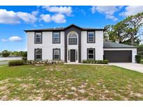 Two-story home with a two car garage, dark trim, light colored siding, and an arched entryway at 12470 Elgin Blvd, Spring Hill, FL 34609