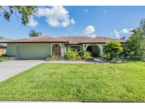 Charming single-story home with well-manicured lawn, lush landscaping, and an attached two-car garage at 14169 Fennsbury Dr, Tampa, FL 33624