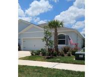 Well-maintained home featuring a palm tree, fresh landscaping, and an attached two car garage at 3719 Stormy Thistle Pl, Plant City, FL 33565