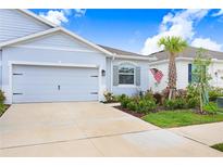 Charming single-story home with a well-manicured lawn, a two car garage, and a beautiful palm tree at 3719 Stormy Thistle Pl, Plant City, FL 33565