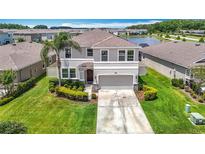 Beautiful two-story home with a well-manicured lawn and lush landscaping near a lake at 1022 Montgomery Bell Rd, Wesley Chapel, FL 33543