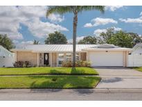 Charming single-story home with a metal roof, lush green lawn, and a beautiful palm tree in the front yard at 1263 Overcash Dr, Dunedin, FL 34698