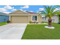 Charming single-story home with lush lawn, mature palm tree, and attached two-car garage at 12925 Fieldmoor Ct, Riverview, FL 33579