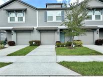 Well-manicured townhome with a concrete driveway, vibrant green grass, and charming exterior details at 2717 Chestnut Creek Pl, Brandon, FL 33510