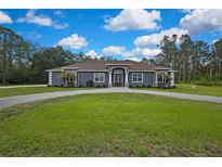 Stunning exterior elevation of a well-manicured single-story home with a circular driveway and elegant landscaping at 27338 Elkwood Cir, Wesley Chapel, FL 33544