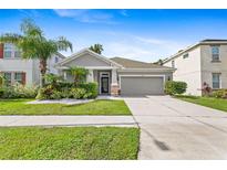 Charming single-story home featuring a two-car garage, palm trees, and landscaped front yard at 7725 Tangle Rush Dr, Gibsonton, FL 33534