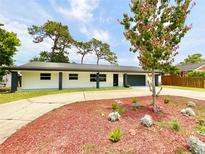 Charming single-story home with a circular driveway and freshly mulched landscaping at 1290 Michigan Blvd, Dunedin, FL 34698