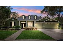 Charming home featuring an attractive green exterior, well-manicured lawn, and a spacious three-car garage at 16039 Ternglade Dr, Lithia, FL 33547