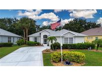 Charming single-story home featuring a well-manicured lawn, tasteful landscaping, and an American flag at 2121 Worthington Greens Dr, Sun City Center, FL 33573