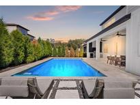 Stunning pool and patio area featuring luxurious lounge chairs and a built-in outdoor kitchen, perfect for entertaining at 13859 Sharp Hawk Dr, Riverview, FL 33569