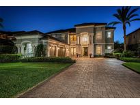 Stately two-story home boasting a meticulously landscaped front yard and a paved driveway at twilight at 14806 Harry Colt Ct, Tampa, FL 33626