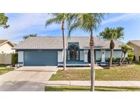 Charming single-story home featuring a well-maintained front yard with palm trees and an attached two-car garage at 8638 Chadwick Dr, Tampa, FL 33635