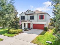 Charming two-story home with red accents, manicured lawn, and ample driveway space at 11802 Twilight Darner Pl, Riverview, FL 33569