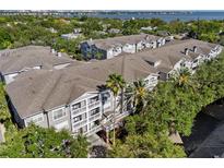 An aerial view of a gray condominium building with white balconies, surrounded by lush greenery and overlooking the water at 800 S Dakota Ave # 337, Tampa, FL 33606