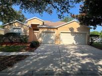 Inviting single-story home with a well-maintained yard and an attached two-car garage at 11420 Bridge Pine Dr, Riverview, FL 33569