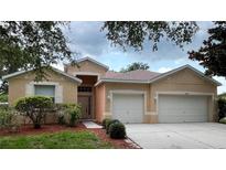 Charming single-story home features a two-car garage and landscaped front yard with a well-maintained lawn at 11420 Bridge Pine Dr, Riverview, FL 33569