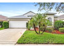 Charming single-story home featuring a two-car garage, mature landscaping, and a well-manicured lawn at 12746 Standbridge Dr, Riverview, FL 33579