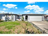 Charming single-story home with a well-maintained lawn, arched entry, and a two-car garage under a bright blue sky at 13926 Darlene Ave, Hudson, FL 34667
