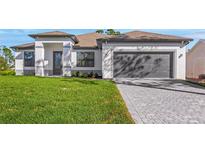 Beautiful, modern one-story home with green lawn, gray driveway, and complementary gray two car garage door at 2402 Hiers Rd, Dover, FL 33527