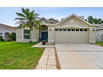Well-maintained home featuring a two-car garage, lush lawn, and a welcoming blue front door at 30918 Burleigh Dr, Wesley Chapel, FL 33543