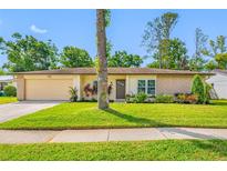 Charming single-story home featuring a well-manicured lawn and colorful landscaping in a serene neighborhood setting at 4220 Woodlark Dr, Tampa, FL 33624