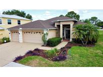 Charming single-story home with a well-manicured lawn and a two-car garage at 10908 Sailbrooke Dr, Riverview, FL 33579