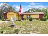 Charming single-Gathering home featuring a well-maintained lawn and an American flag in the front yard at 14339 Mayer Ave, Hudson, FL 34669