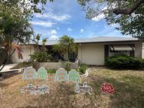 Charming home with a well-manicured lawn and tropical landscaping, enhanced with whimsical jockey-themed decorations at 1559 San Roy Dr, Dunedin, FL 34698