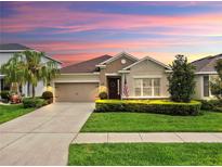 Charming one-story home with a well-manicured lawn, a two-car garage, and inviting curb appeal at sunset at 17610 Buckingham Garden Dr, Lithia, FL 33547