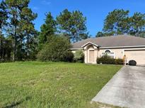 Charming single-story home with a manicured lawn and attached two-car garage under a clear blue sky at 18063 Parrot Rd, Weeki Wachee, FL 34614
