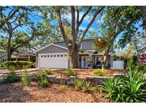 Charming two-story home with a well-manicured lawn, garden beds, and mature trees creating a shaded front yard at 1120 43Rd N Ave, St Petersburg, FL 33703