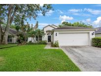 Inviting single-story home with a well-manicured lawn and an attached two-car garage at 15006 Shaw Rd, Tampa, FL 33625
