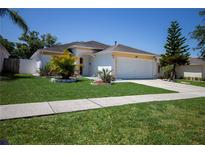Charming single-story home with well-manicured lawn, garden beds, and a two-car garage at 3201 Pine Top Dr, Valrico, FL 33594