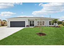 Charming single-story home boasts a lush lawn, dark gray garage door, and modern front door at 718 Desert Hills Way, Sun City Center, FL 33573