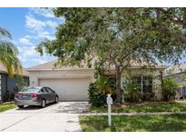 Charming single-Gathering home featuring an attached two-car garage, mature trees, and a well-maintained lawn at 7603 Wood Violet Dr, Gibsonton, FL 33534
