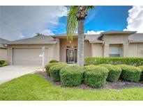 Charming single-story home featuring a well-manicured lawn, mature landscaping, and a neutral color palette at 1210 Wolford Dr, Trinity, FL 34655