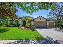 Charming single-story home with a well-manicured lawn, mature trees, and a three car garage at 15934 Sorawater Dr, Lithia, FL 33547