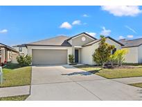Charming single-story home with a well-manicured lawn and a two-car garage and lush landscaping at 16632 Sunburst Lake St, Wimauma, FL 33598