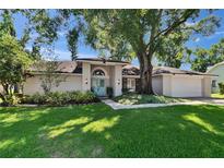 Charming one-story home featuring a light exterior, manicured lawn, mature trees, and a welcoming light blue front door at 1905 Horseshoe Dr, Plant City, FL 33566