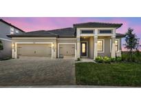 Stunning exterior elevation showcasing a well-maintained lawn and a two car garage in a serene setting at 2603 Wise River Ln, Zephyrhills, FL 33541