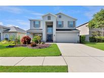Two-story home with a well-manicured lawn and a two-car garage on a sunny day at 7732 Bulls Head Dr, Wesley Chapel, FL 33545