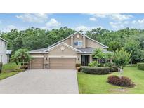Beautiful home with a well-manicured lawn, a three-car garage, and lush landscaping at 19312 Sunset Bay Dr, Land O Lakes, FL 34638