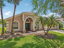 Charming home featuring manicured lawn, palm trees, and a double door main entrance at 8124 Brinegar Cir, Tampa, FL 33647