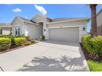 Beige single-story home with a pristine concrete driveway and a well manicured lawn at 17668 Bright Wheat Dr, Lithia, FL 33547
