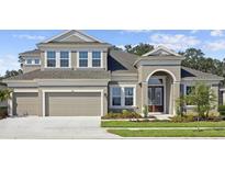 Charming two-story home with a manicured lawn and a two-car garage. It has a modern design and a welcoming entrance at 5116 Wildwind Dr, Apollo Beach, FL 33572
