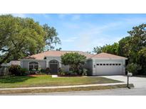 Charming single-story home featuring a well-manicured lawn, double front doors, and attached two-car garage at 970 Ridgewood Ter, Tarpon Springs, FL 34689