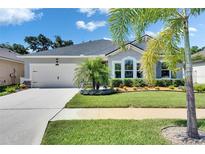 Charming single-story home featuring a lush landscaped yard with palm trees and a two-car garage at 12957 Satin Lily Dr, Riverview, FL 33579