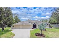 Beautiful single-story home with a three-car garage and well-manicured lawn at 382 Florian Way, Spring Hill, FL 34609