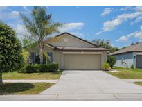 Charming one-story home featuring a well-maintained lawn and a spacious two-car garage at 10104 Carloway Hills Dr, Wimauma, FL 33598