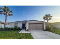 Charming single-story home featuring a manicured lawn and two-car garage at 10123 Carp Hollow Rd, Sun City Center, FL 33573